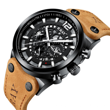 B RAY 9009 Big Dial Sport Watch Men Waterproof Outdoor Military Chronograph Quartz Leather Watch Army Male Clock